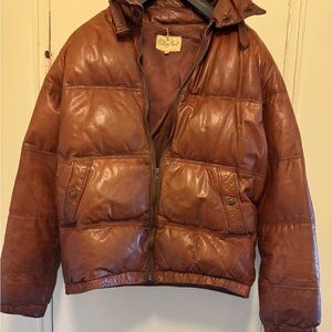 Brown Puffer Jacket with Hood and Glossy Finish